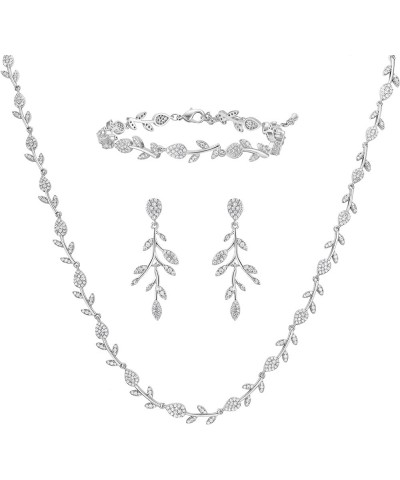 Cubic Zirconia Wedding Jewelry Sets for Bride Bridesmaids, Crystal Leaf Vine Bridal Earrings and Necklace Set for Women Jewel...