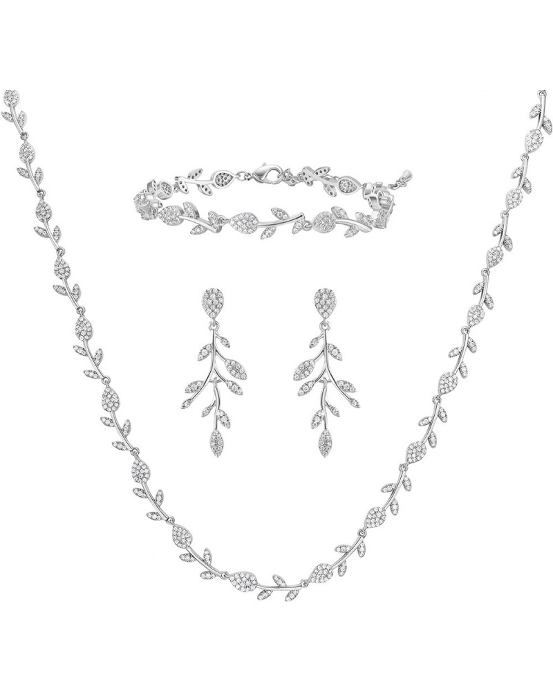 Cubic Zirconia Wedding Jewelry Sets for Bride Bridesmaids, Crystal Leaf Vine Bridal Earrings and Necklace Set for Women Jewel...