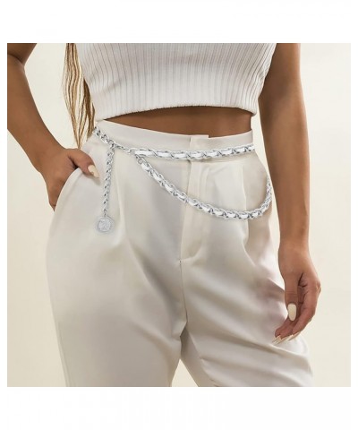 Leather Chain Belts for Women Girls, Layered Body Chain Belts Metal Waist Chain for Dress Vest Jeans Silver White 2 L: (Fit W...