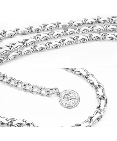 Leather Chain Belts for Women Girls, Layered Body Chain Belts Metal Waist Chain for Dress Vest Jeans Silver White 2 L: (Fit W...