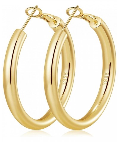 4MM 925 Sterling Silver Hoops Earrings, Lightweight Hollow Tube Chunky Gold Hoops for Women 14k Gold Plated Thick Hoop Earrin...