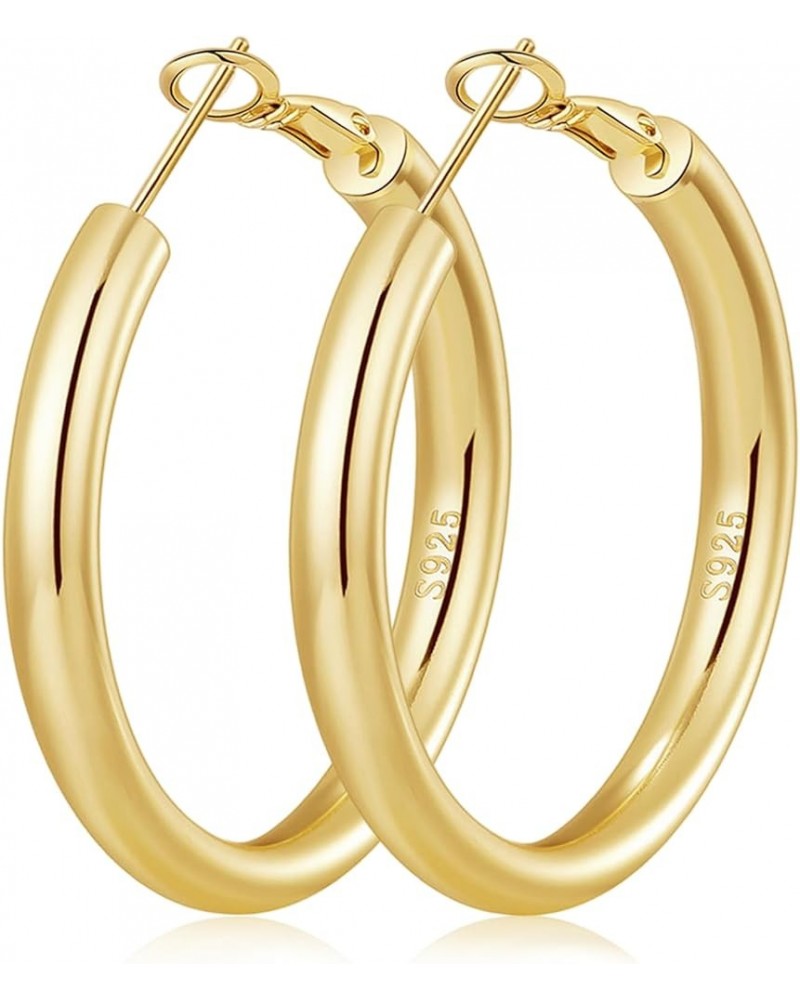 4MM 925 Sterling Silver Hoops Earrings, Lightweight Hollow Tube Chunky Gold Hoops for Women 14k Gold Plated Thick Hoop Earrin...