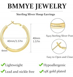 4MM 925 Sterling Silver Hoops Earrings, Lightweight Hollow Tube Chunky Gold Hoops for Women 14k Gold Plated Thick Hoop Earrin...