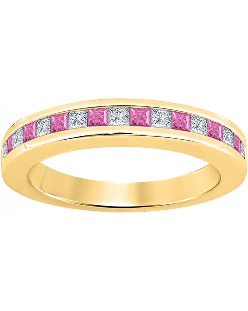 Princess Cut Gemstone Half Eternity 18k Yellow Gold Over .925 Sterling Silver Wedding Band Ring for Women created-pink sapphi...