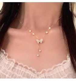 Layered Pearl Necklaces Silver Layered Melons Love Cross Bow Necklace Faux Pearl Butterfly Beads Tassels Trendy Butterfly Jew...