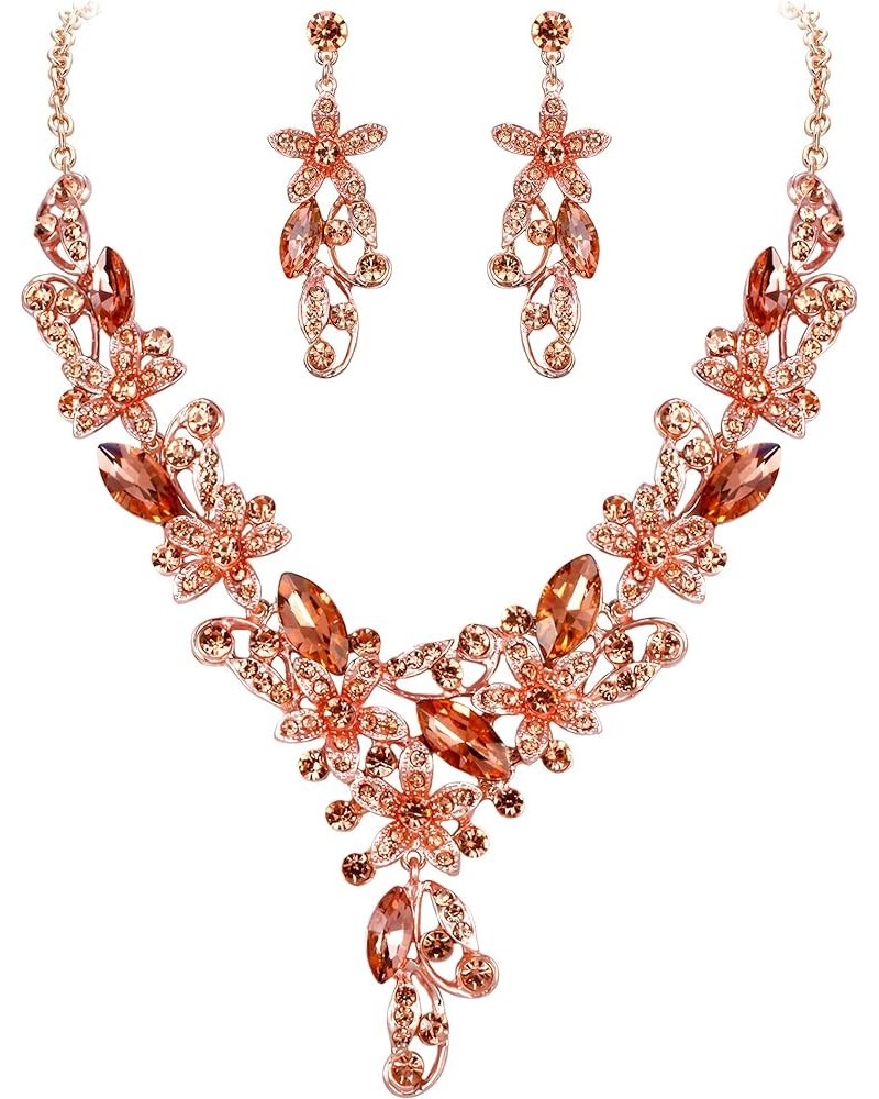 Crystal Floral Jewelry Set for Women Flower Leaf Vine Necklace Earrings Set for Wedding Champagne Color $10.42 Jewelry Sets