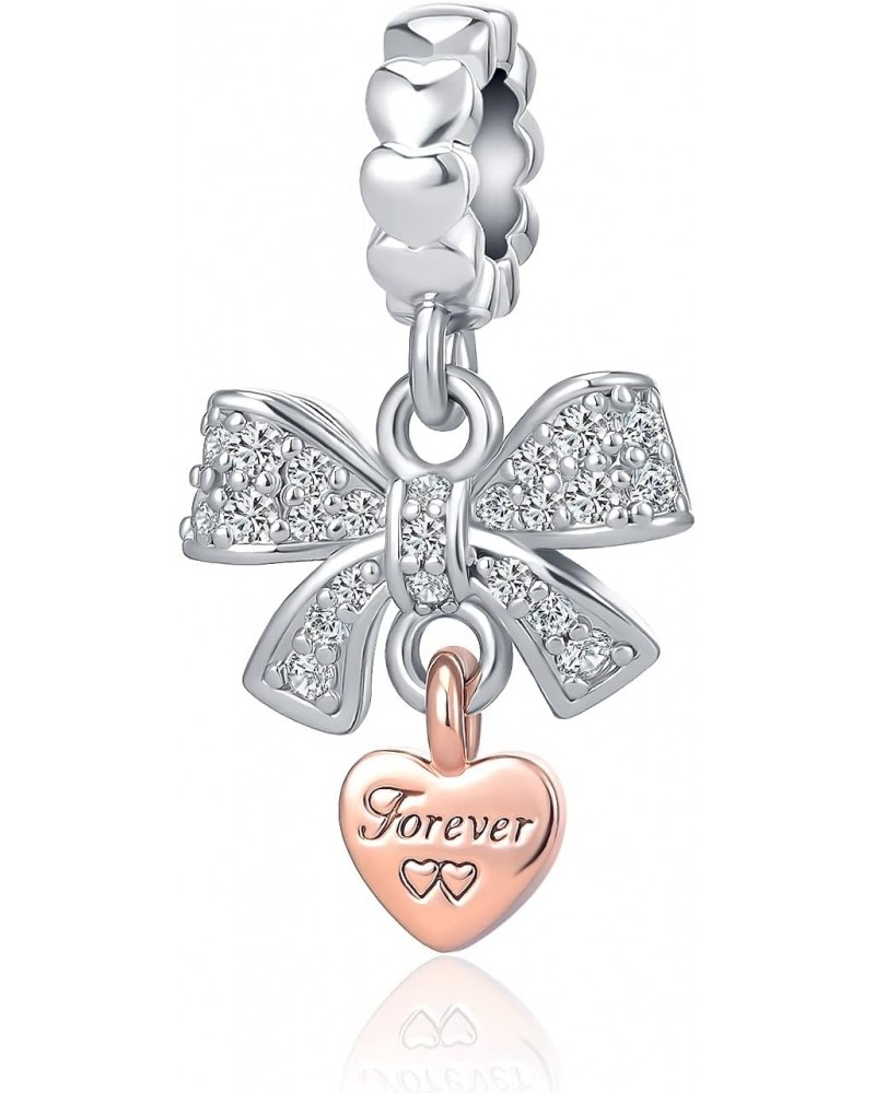 Forever Love Rose Gold Heart Bow-knot Dangle Bead for Women Girl Pandora Bracelets $8.39 Bracelets