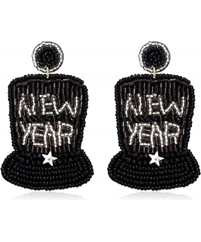 Holiday Earrings Happy New Year Earring for Women Beaded Clock Hat Cocktail Glass Dangle Earrings Handmade Star Tassel Earrin...