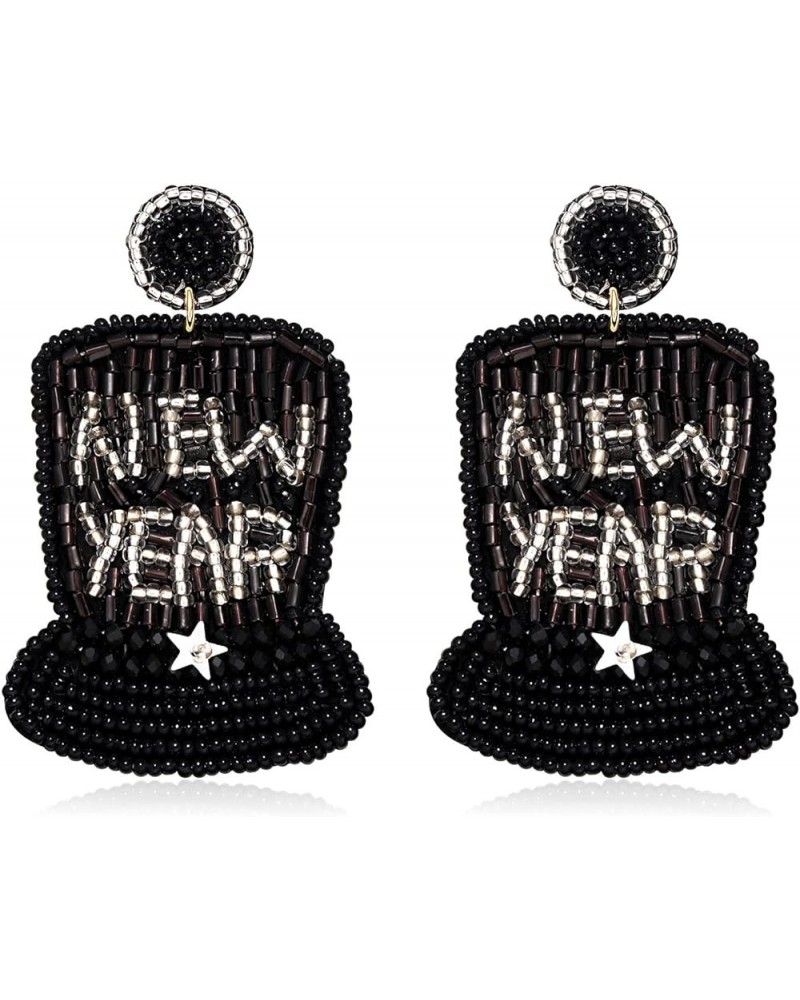 Holiday Earrings Happy New Year Earring for Women Beaded Clock Hat Cocktail Glass Dangle Earrings Handmade Star Tassel Earrin...