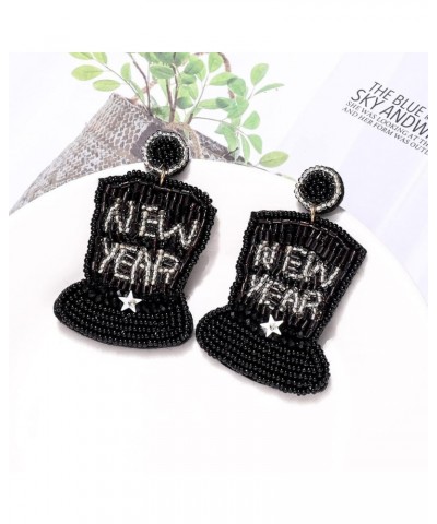 Holiday Earrings Happy New Year Earring for Women Beaded Clock Hat Cocktail Glass Dangle Earrings Handmade Star Tassel Earrin...