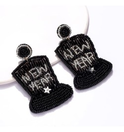 Holiday Earrings Happy New Year Earring for Women Beaded Clock Hat Cocktail Glass Dangle Earrings Handmade Star Tassel Earrin...