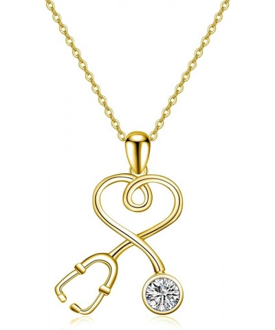 Solid 14K Yellow Gold Stethoscope Nurse Pendant Necklace with 12 Months Simulated Birthstone, Medical Jewelry Nurse Gifts for...