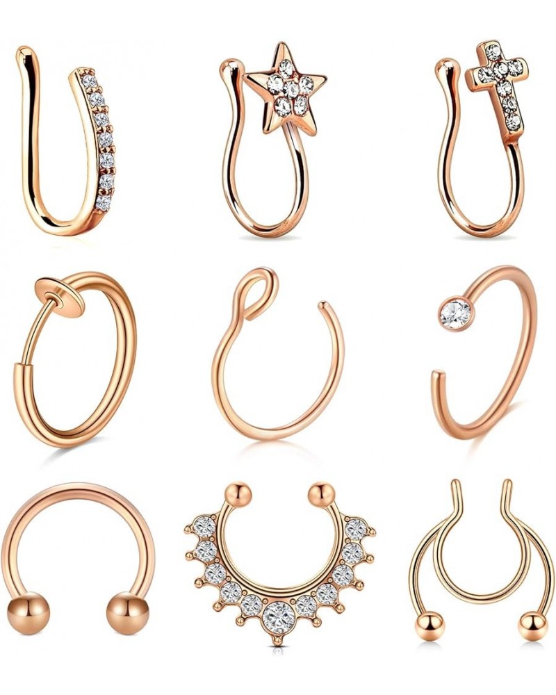 Fake Nose Rings Stainless Steel Inlaid CZ Faux Piercing Jewelry Fake Nose Ring Spring Clip on Circle Hoop No Pierced Septum N...