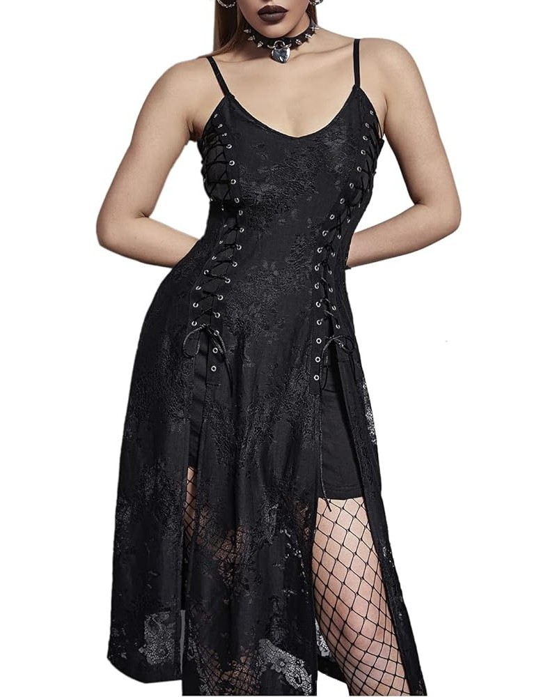 Gothic Clothes Dress,Lace Mini Sleeveless Dress Black Lace Draped Bodycon Goth Vintage Dresses G-black $26.93 Clothing