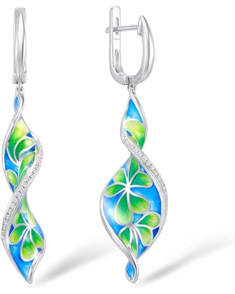 Flower Earrings 925 Sterling Silver Cubic Zirconia Enamel Twisted Spiral Dangle Earrings for Women Green $24.43 Earrings