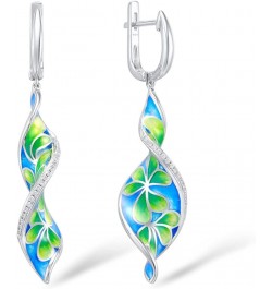 Flower Earrings 925 Sterling Silver Cubic Zirconia Enamel Twisted Spiral Dangle Earrings for Women Green $24.43 Earrings