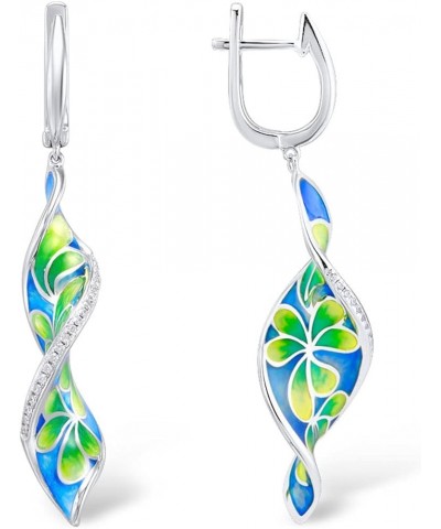 Flower Earrings 925 Sterling Silver Cubic Zirconia Enamel Twisted Spiral Dangle Earrings for Women Green $24.43 Earrings