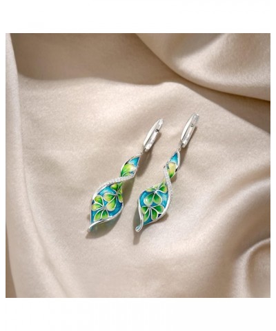 Flower Earrings 925 Sterling Silver Cubic Zirconia Enamel Twisted Spiral Dangle Earrings for Women Green $24.43 Earrings