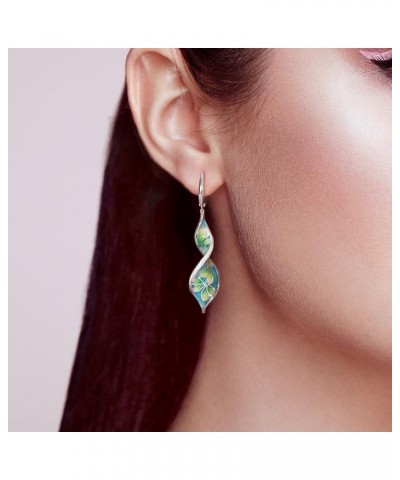 Flower Earrings 925 Sterling Silver Cubic Zirconia Enamel Twisted Spiral Dangle Earrings for Women Green $24.43 Earrings