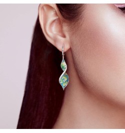 Flower Earrings 925 Sterling Silver Cubic Zirconia Enamel Twisted Spiral Dangle Earrings for Women Green $24.43 Earrings