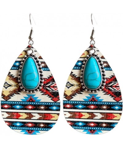 Western Cowgirl Cowboy Wooden Teardrop Dangle Earrings for Women Girls Boho Vintage Turquoise Aztec Pattern Cactus Print Leat...