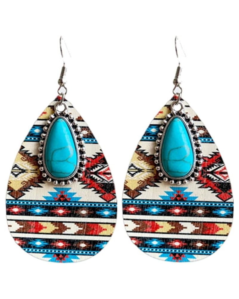 Western Cowgirl Cowboy Wooden Teardrop Dangle Earrings for Women Girls Boho Vintage Turquoise Aztec Pattern Cactus Print Leat...