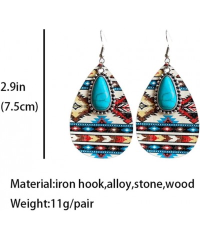 Western Cowgirl Cowboy Wooden Teardrop Dangle Earrings for Women Girls Boho Vintage Turquoise Aztec Pattern Cactus Print Leat...