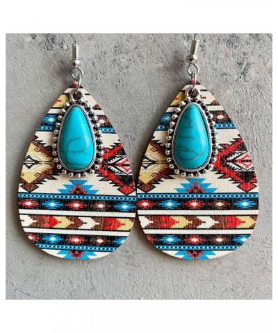 Western Cowgirl Cowboy Wooden Teardrop Dangle Earrings for Women Girls Boho Vintage Turquoise Aztec Pattern Cactus Print Leat...