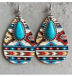 Western Cowgirl Cowboy Wooden Teardrop Dangle Earrings for Women Girls Boho Vintage Turquoise Aztec Pattern Cactus Print Leat...