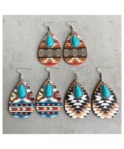 Western Cowgirl Cowboy Wooden Teardrop Dangle Earrings for Women Girls Boho Vintage Turquoise Aztec Pattern Cactus Print Leat...