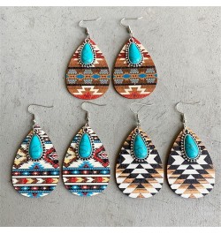 Western Cowgirl Cowboy Wooden Teardrop Dangle Earrings for Women Girls Boho Vintage Turquoise Aztec Pattern Cactus Print Leat...