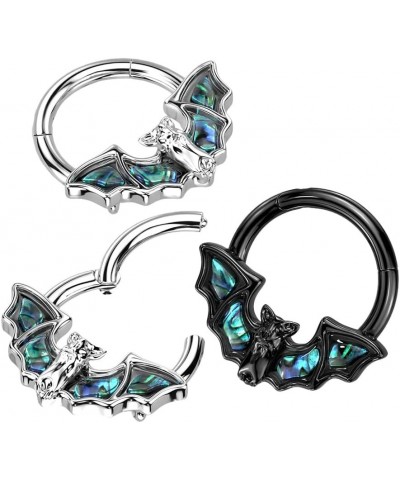 16GA Precision All 316L Stainless Steel Bat with Abalone Shell Wings Hinged Segment Ring Black $12.65 Body Jewelry