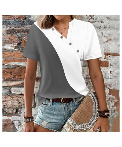 Short Sleeve Shirts for Women Trendy V Neck T Shirt Button Down Oversized Shirt Top Loose Printed Casual Pullover 4-dark Gray...