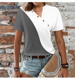 Short Sleeve Shirts for Women Trendy V Neck T Shirt Button Down Oversized Shirt Top Loose Printed Casual Pullover 4-dark Gray...