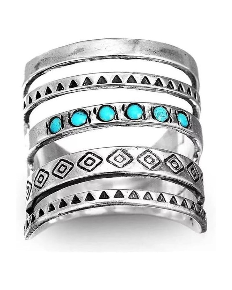 Boho Style Carved Ring Hollowed Out Retro Turquoise Ring Vintage Blue Synthetic-Turquoise Ring Round Stone Ring Silver Plated...