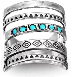 Boho Style Carved Ring Hollowed Out Retro Turquoise Ring Vintage Blue Synthetic-Turquoise Ring Round Stone Ring Silver Plated...