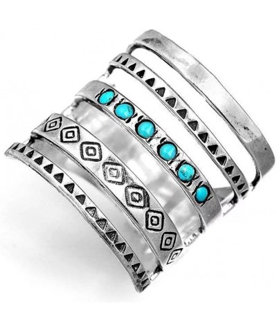 Boho Style Carved Ring Hollowed Out Retro Turquoise Ring Vintage Blue Synthetic-Turquoise Ring Round Stone Ring Silver Plated...