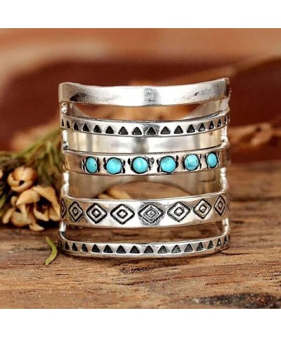 Boho Style Carved Ring Hollowed Out Retro Turquoise Ring Vintage Blue Synthetic-Turquoise Ring Round Stone Ring Silver Plated...