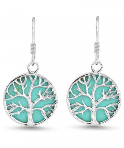 Mystical Tree of Life Simulated Green Turquoise Inlay .925 Sterling Silver Dangle Earrings $18.13 Earrings