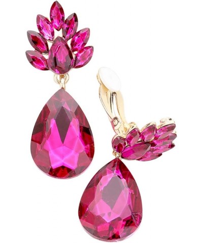 Women's Statement Flower Petal Marquis Leaf Large Glass Crystal Teardrop Clip on Earrings, 2 Fuchsia/Gold Tone $15.68 Earrings