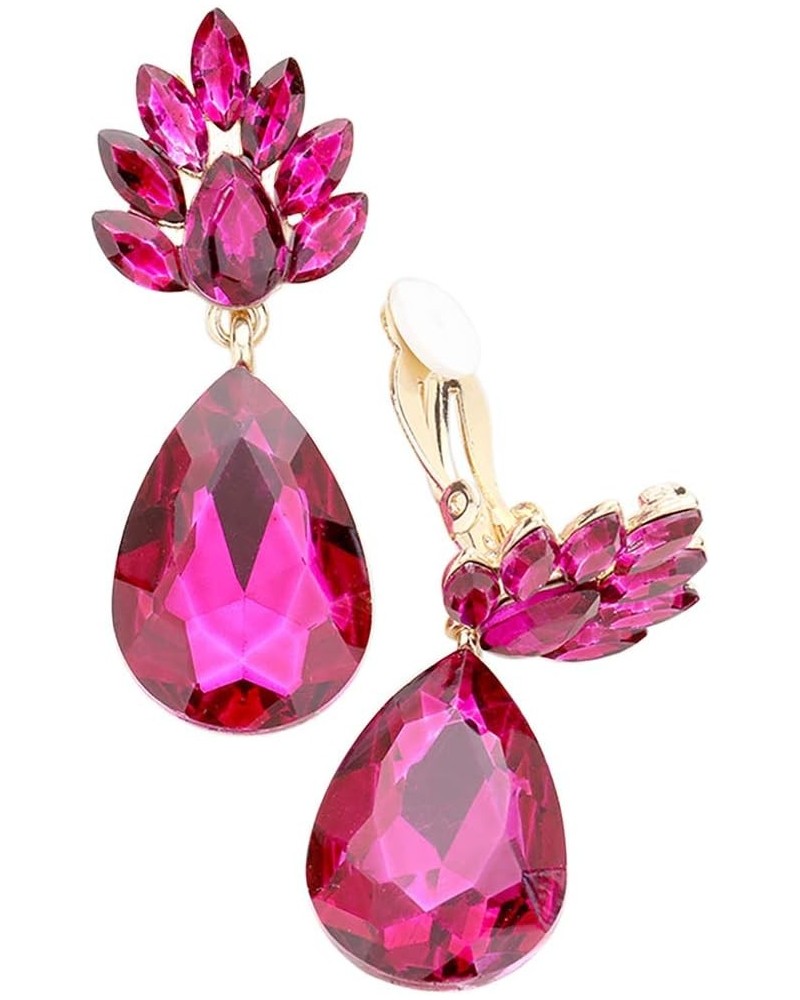 Women's Statement Flower Petal Marquis Leaf Large Glass Crystal Teardrop Clip on Earrings, 2 Fuchsia/Gold Tone $15.68 Earrings