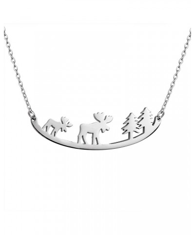 Animal Necklace for Women Cute Moose Elk Bear Wolf Animal Mountain and Tree Pendant Charm Curved Bar Necklace Stainless Steel...