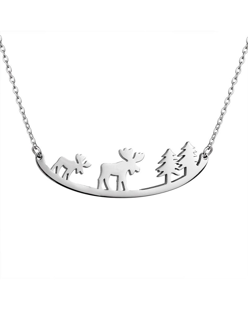 Animal Necklace for Women Cute Moose Elk Bear Wolf Animal Mountain and Tree Pendant Charm Curved Bar Necklace Stainless Steel...