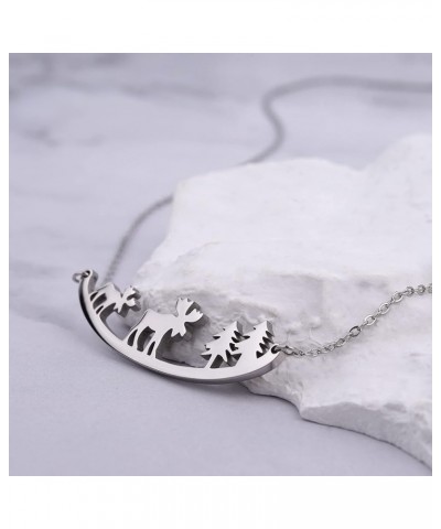 Animal Necklace for Women Cute Moose Elk Bear Wolf Animal Mountain and Tree Pendant Charm Curved Bar Necklace Stainless Steel...