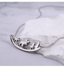 Animal Necklace for Women Cute Moose Elk Bear Wolf Animal Mountain and Tree Pendant Charm Curved Bar Necklace Stainless Steel...