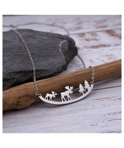 Animal Necklace for Women Cute Moose Elk Bear Wolf Animal Mountain and Tree Pendant Charm Curved Bar Necklace Stainless Steel...