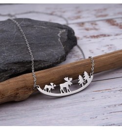 Animal Necklace for Women Cute Moose Elk Bear Wolf Animal Mountain and Tree Pendant Charm Curved Bar Necklace Stainless Steel...