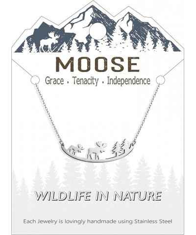 Animal Necklace for Women Cute Moose Elk Bear Wolf Animal Mountain and Tree Pendant Charm Curved Bar Necklace Stainless Steel...