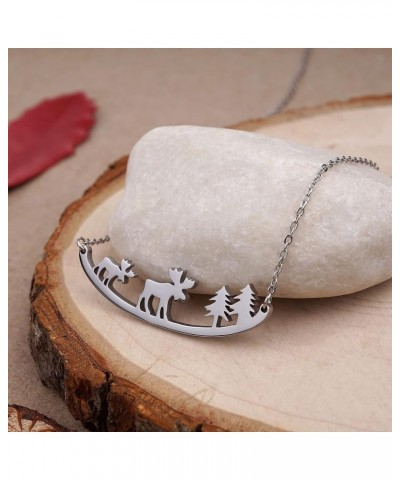 Animal Necklace for Women Cute Moose Elk Bear Wolf Animal Mountain and Tree Pendant Charm Curved Bar Necklace Stainless Steel...