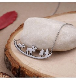 Animal Necklace for Women Cute Moose Elk Bear Wolf Animal Mountain and Tree Pendant Charm Curved Bar Necklace Stainless Steel...